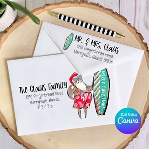 Plantilla de sobre digital navideño para Canva / Surfin Santa Blue / Tamaño A7 / Incluye plantilla de dirección de remitente / Ideal para hacer tarjetas navideñas