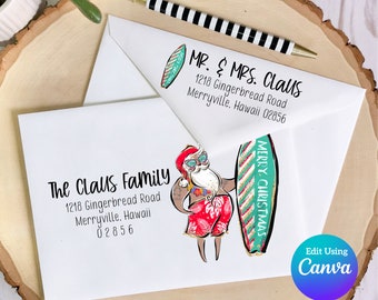 Christmas Digital Envelope Template for Canva | Surfin Santa Blue