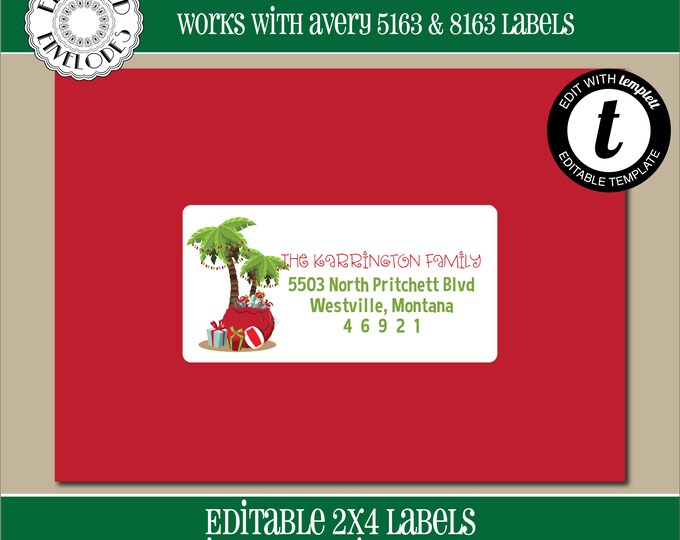 EDITABLE Christmas ADDRESS LABEL Template, Envelope Addressing, Christmas, Palms, 2x4, Recipient Addressing, Address Labels, Editable, CH020