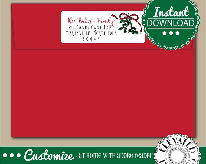 EDITABLE Return ADDRESS LABEL Template,Envelope Addressing,Christmas,Holly, Mistletoe,Return Address,Envelope Addressing,Instant Download