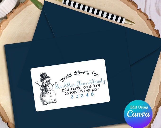 Editable Christmas Address Label Template for Canva | Snowman Sketch