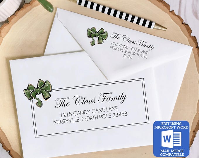 Editable Christmas Envelope Template for Microsoft Word | Mail Merge Compatible | Simple Frame - Green