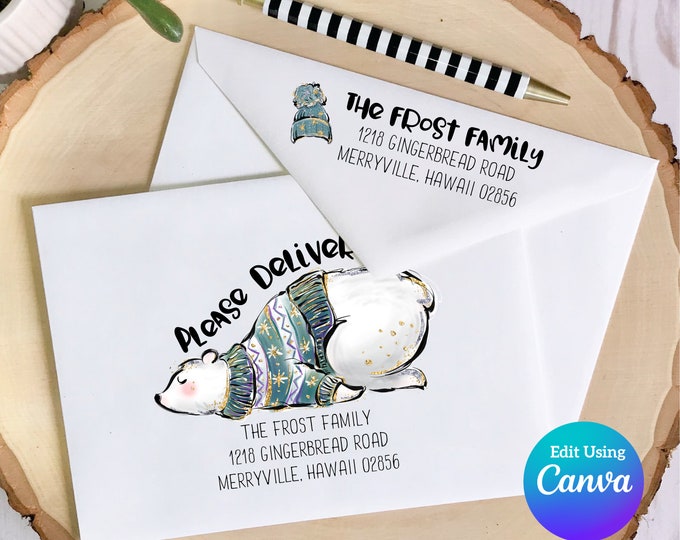 Christmas Digital Envelope Template for Canva | Polar Bear