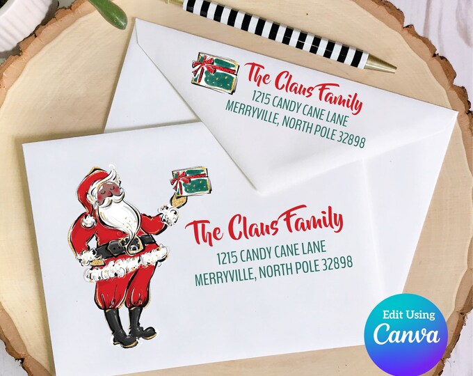 Christmas Digital Envelope Template for Canva | Santa's Gift - Dark Skin