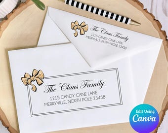 Christmas Digital Envelope Template for Canva | Simple Frame with Gold Bow