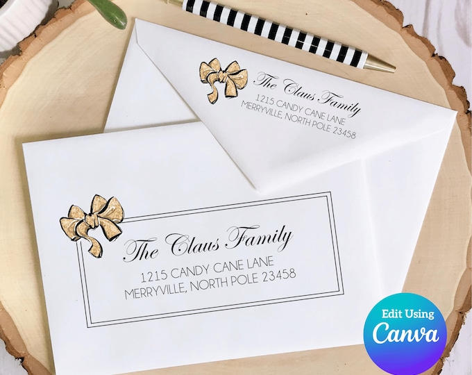 Christmas Digital Envelope Template for Canva | Simple Frame with Gold Bow