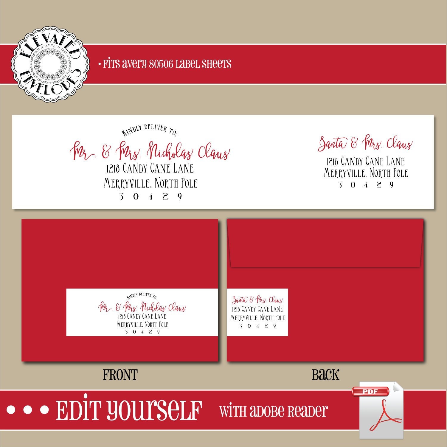 EDITABLE Christmas ADDRESS LABEL Template,wrap Around Label, Addressing