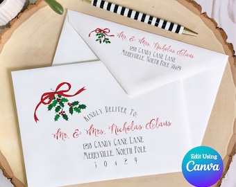 Christmas Digital Envelope Template for Canva | Bright Red Holly