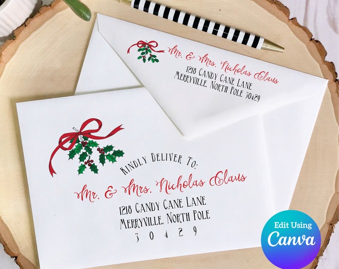 Christmas Digital Envelope Template for Canva | Bright Red Holly
