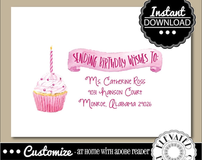 EDITABLE Birthday ENVELOPE Template,Birthday Envelope ADDRESSING,Birthday,Cupcake,Recipient Addressing,Envelope Addressing,Instant Download