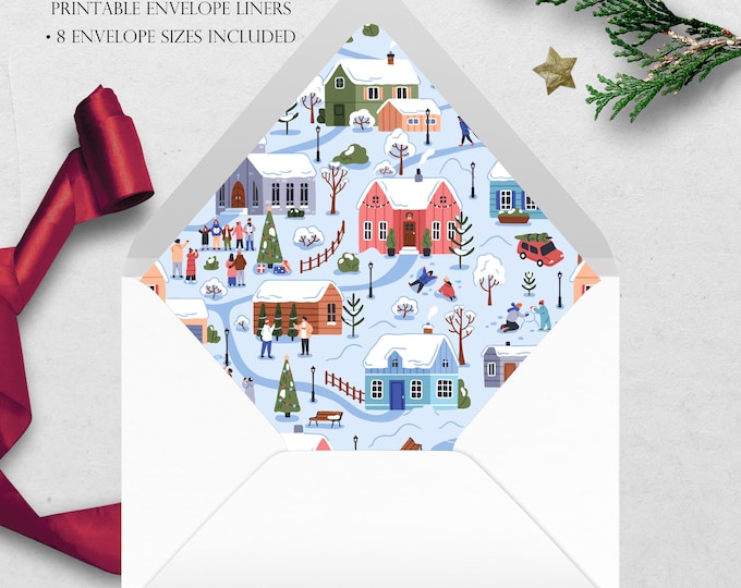 Winter Town Printable Envelope Liner | 8 Envelope Sizes: A7, Euro Flap, Square Flap, 6.5 Square, A6, 5.75 Square, 4 Bar | Easy PDF File