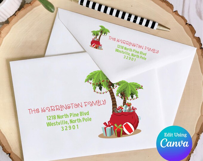 Christmas Digital Envelope Template for Canva | Beach Palm Tree