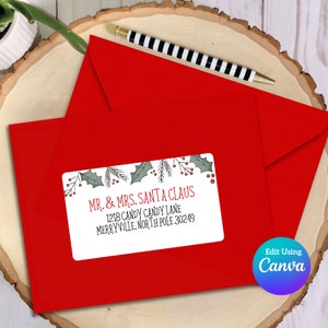 Bewerkbare kerstadreslabelsjabloon voor canvas | Envelopadressering | 2 x 4 adreslabels | Sjabloon adresetiket | Cartoon Hulst