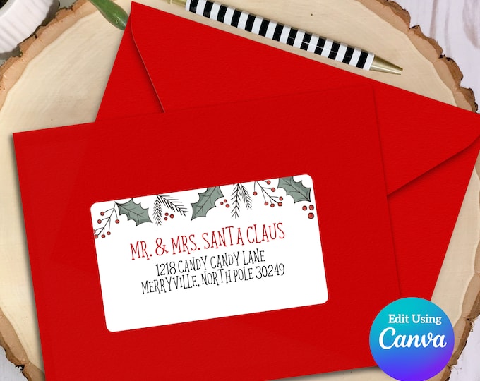Editable Christmas Address Label Template for Canva | Cartoon Holly