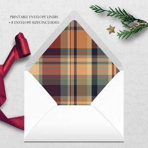 May include: Printable envelope liners with a plaid pattern in shades of brown, orange, green, and blue. The text "Printable Envelope Liners" and ". 8 Envelope Sizes Included" is visible at the top of the image.