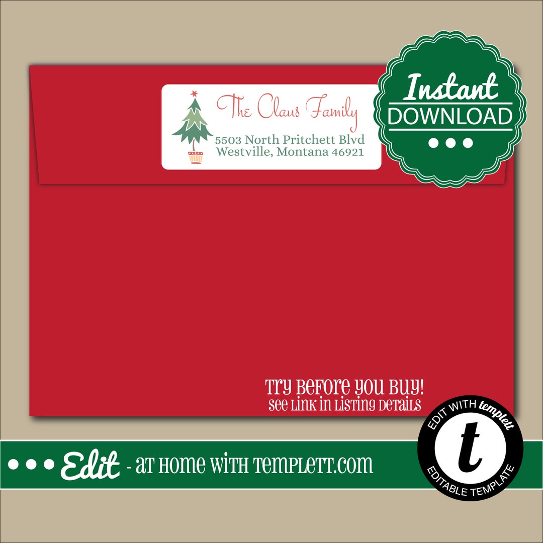 Editable Christmas RETURN ADDRESS LABEL Template, Envelope Addressing