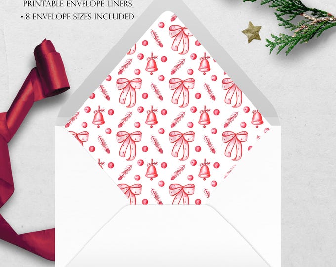 Red Bows Printable Envelope Liner | 8 Envelope Sizes: A7, Euro Flap, Square Flap, 6.5 Square, A6, 5.75 Square, 4 Bar | Easy PDF File