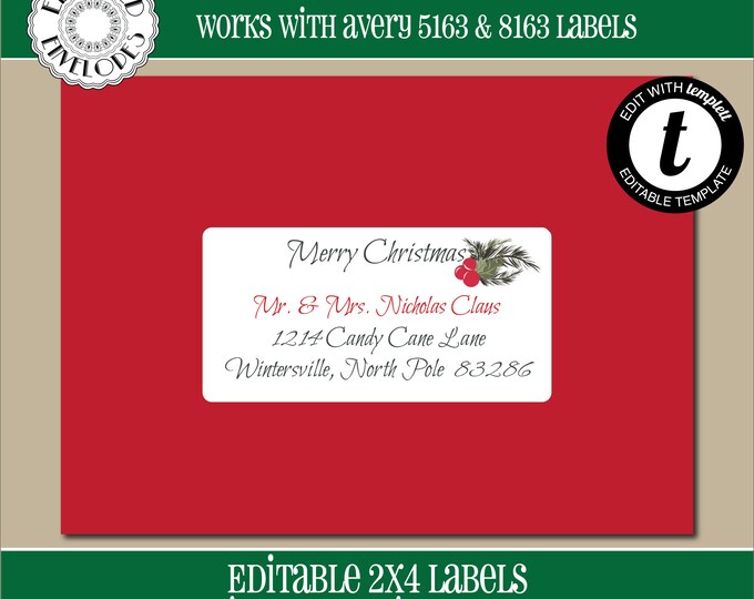 EDITABLE Christmas ADDRESS LABEL Template, Envelope Addressing, Christmas, Pine Sprig, Recipient Addressing, Address Labels, Editable, CH017