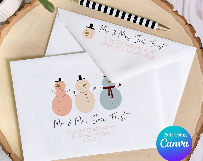 Christmas Digital Envelope Template for Canva | Happy Snowmen