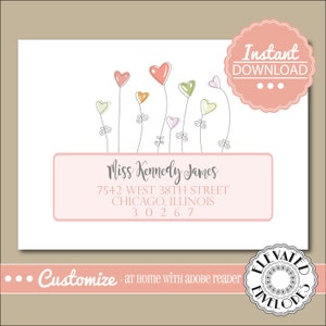 May include: Printable address label template with a pink background and a design of colourful hearts on stems. The text on the label reads "Miss Kennedy James, 7542 West 38th Street, Chicago, Illinois, 30267".