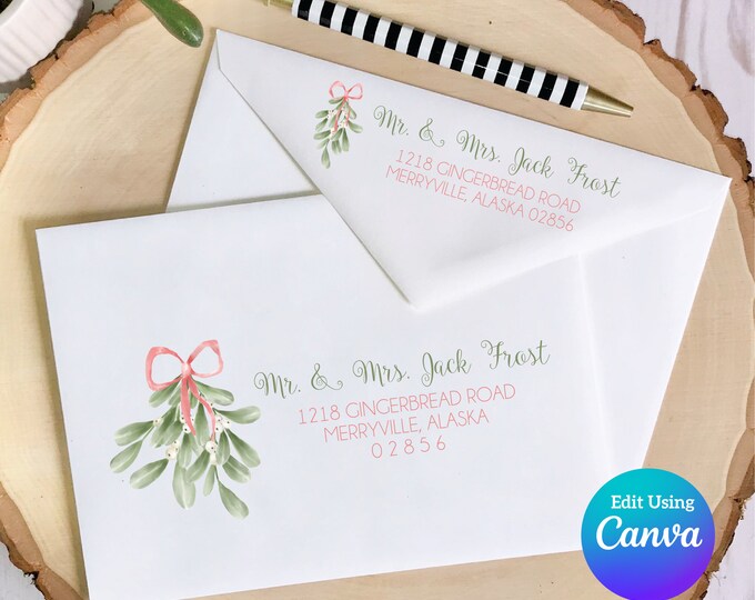 Christmas Digital Envelope Template for Canva | Pastel Mistletoe