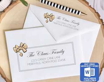 Printable Christmas Envelope Template | Gold Bow Design | Word Mail Merge Compatible | Recipient & Return Address | Editable in Word