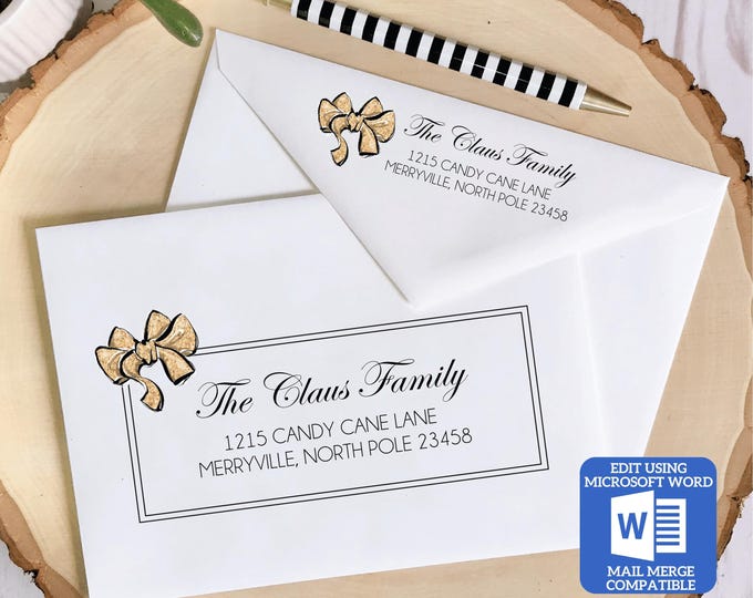 Printable Christmas Envelope Template | Gold Bow Design | Word Mail Merge Compatible | Recipient & Return Address | Editable in Word