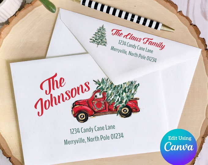 Christmas Digital Envelope Template for Canva | Red Truck and Tree