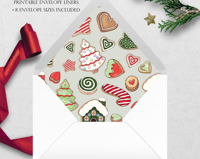 Christmas Cookie Printable Envelope Liner | 8 Envelope Sizes: A7, Euro Flap, Square Flap, 6.5 Square, A6, 5.75 Square, 4 Bar | Easy PDF File