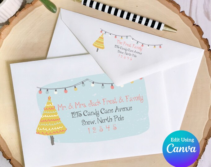 Christmas Digital Envelope Template for Canva | Christmas Lights