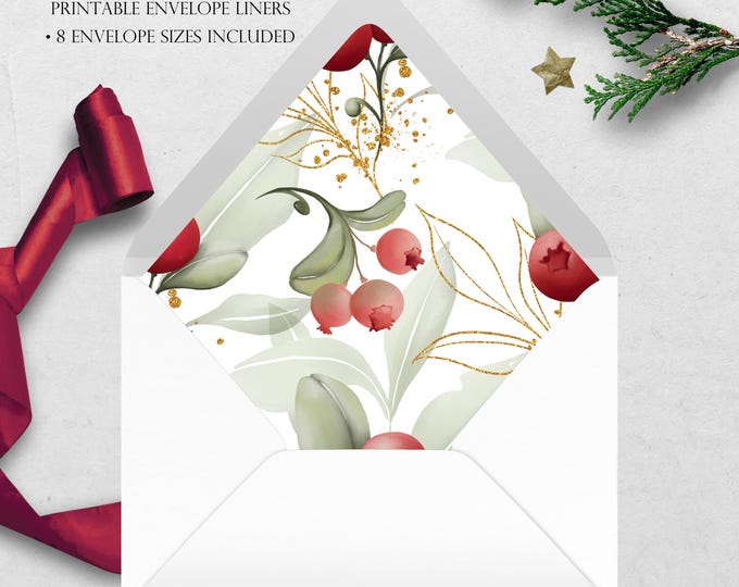 Winter Berries Printable Envelope Liner | 8 Envelope Sizes: A7, Euro Flap, Square Flap, 6.5 Square, A6, 5.75 Square, 4 Bar | Easy PDF File