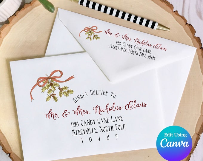 Christmas Digital Envelope Template for Canva | Vintage Holly