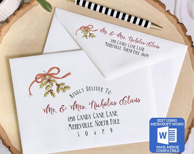 Christmas Envelope Template for Microsoft Word | Mail Merge Compatible | Includes Recipient and Return Address Templates | Works with Excel