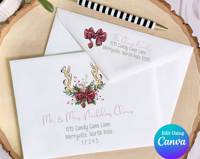 Christmas Digital Envelope Template for Canva | Gold Antlers