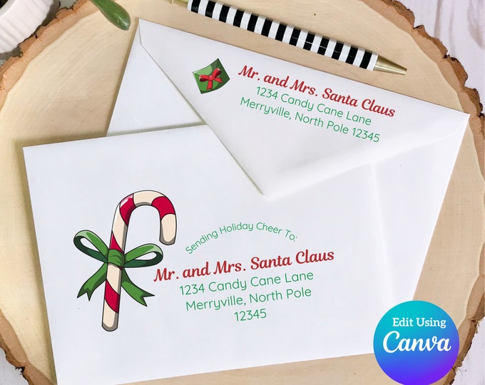 Christmas Digital Envelope Template for Canva | Candy Cane