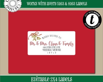 EDITABLE Christmas ADDRESS LABEL Template, Envelope Addressing, Christmas, Holly, Recipient Addressing, 2x4, Address Labels, Editable, CH019