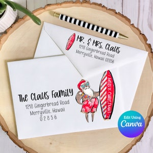 Plantilla de sobre digital navideño para Canva / Surfin Santa Red / Tamaño A7 / Incluye plantilla de dirección de remitente / Ideal para hacer tarjetas navideñas