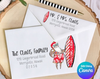 Christmas Digital Envelope Template for Canva | Surfin Santa Red