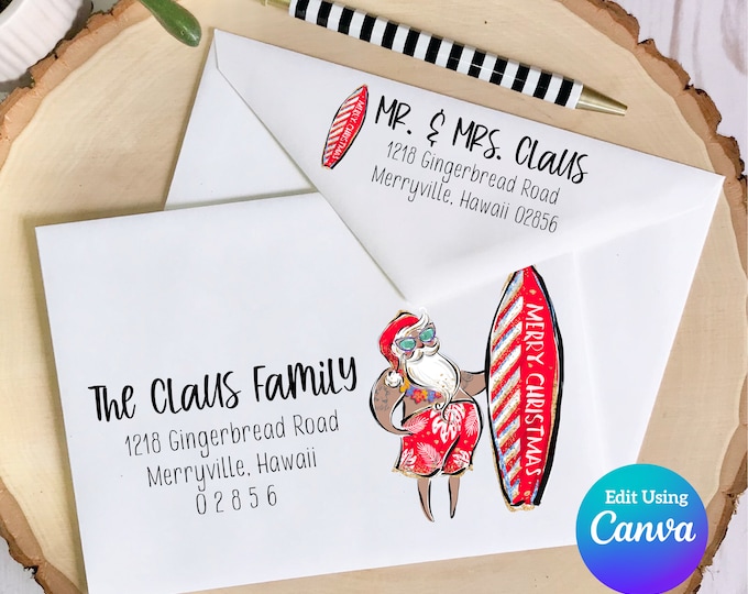 Christmas Digital Envelope Template for Canva | Surfin Santa Red