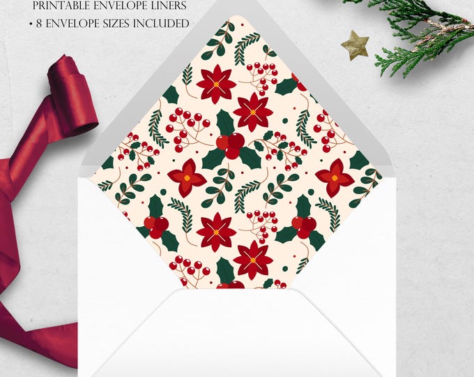 Pretty Poinsettias Printable Envelope Liner | 8 Envelope Sizes: A7, Euro Flap, Square Flap, 6.5 Square, A6,5.75 Square,4 Bar | Easy PDF File