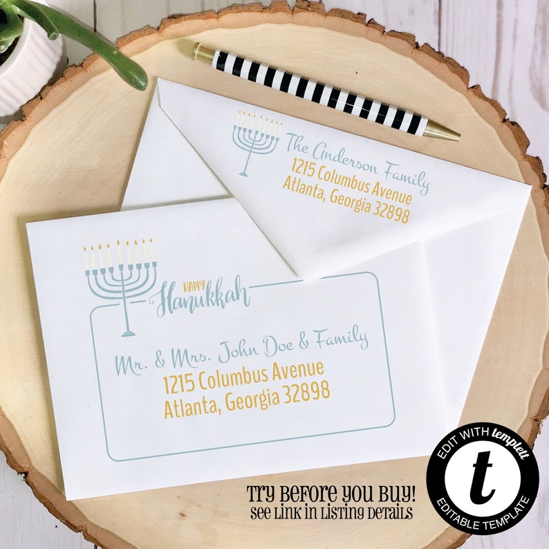 Return Address Envelope Addressing Hanukkah Envelope ADDRESSING Templett EDITABLE Christmas ENVELOPE Template Menorah