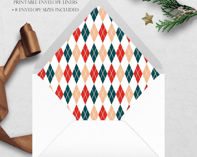 Christmas Argyle Printable Envelope Liner | 8 Envelope Sizes: A7, Euro Flap, Square Flap, 6.5 Square, A6, 5.75 Square, 4 Bar | Easy PDF File