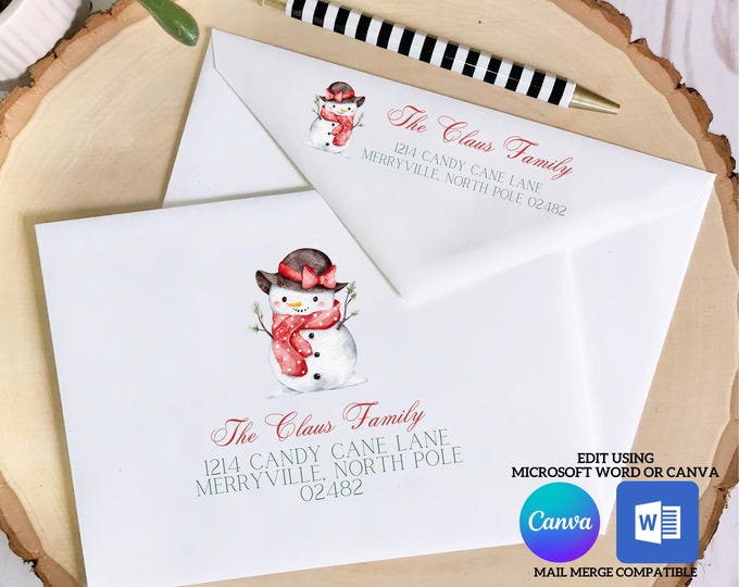Christmas Digital Envelope Template for Canva | Cute Snowman