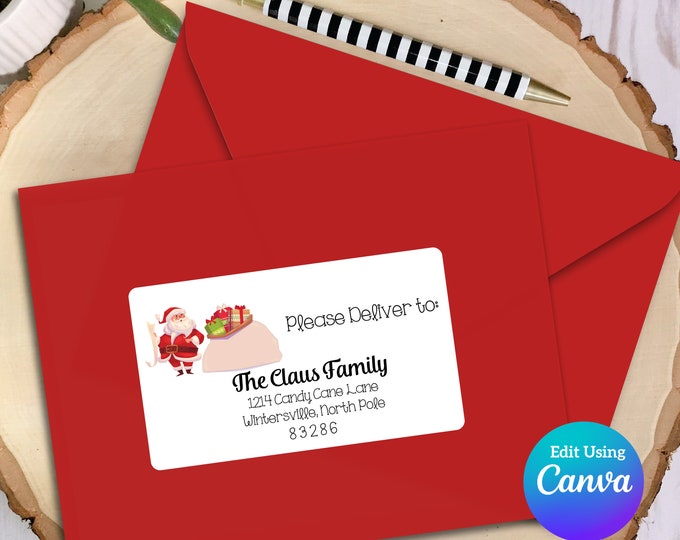 Editable Christmas 2x4 Address Label Template for Canva | Santa's Bag