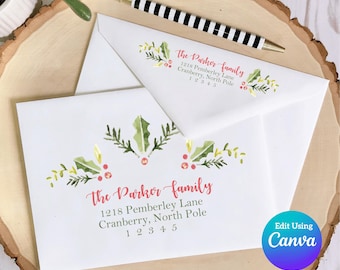 Christmas Digital Envelope Template for Canva | Watercolor Holly
