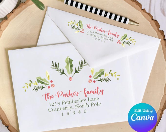 Christmas Digital Envelope Template for Canva | Watercolor Holly