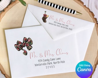Christmas Digital Envelope Template for Canva | Plaid Stocking