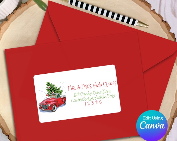 Editable Christmas 2x4 Address Label Template for Canva | Red Truck