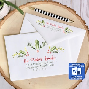 Printable Christmas Envelope Template | Watercolor Holly Design | Word Mail Merge Compatible | Recipient & Return Address | Editable in Word