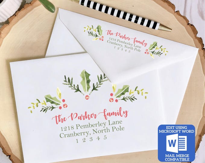 Printable Christmas Envelope Template | Watercolor Holly Design | Word Mail Merge Compatible | Recipient & Return Address | Editable in Word